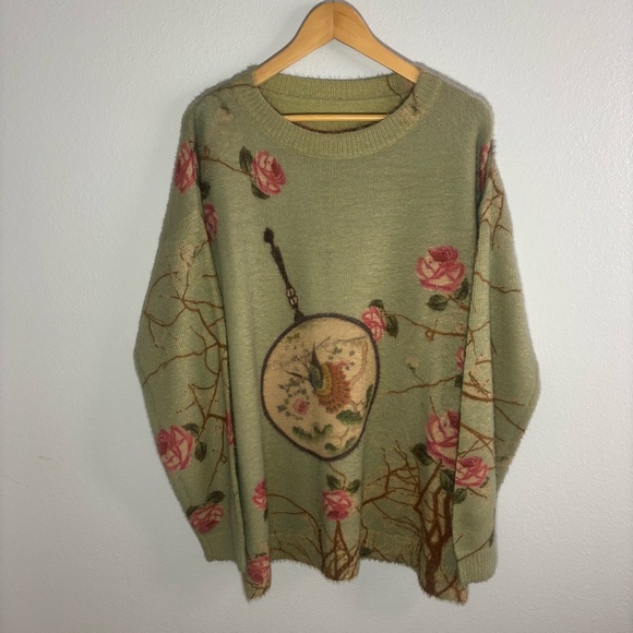 Artsy Floral Oversized Fuzzy Soft Knit Sweater Cotton Wool Cozy Blend Size XL-1X - Picture 3 of 9